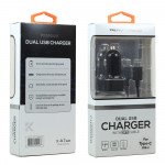 Wholesale USB-C Type C Phone, Tablet 2.4A Dual 2 Port Car Charger 2in1 with 3FT USB Cable (Car - Black)
